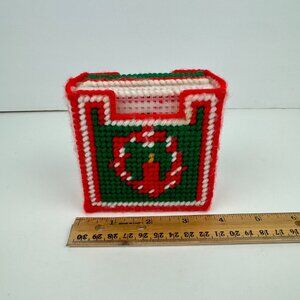 7 Vintage Christmas Holiday Plastic Canvas Coasters w Holder Yarn Candle Design